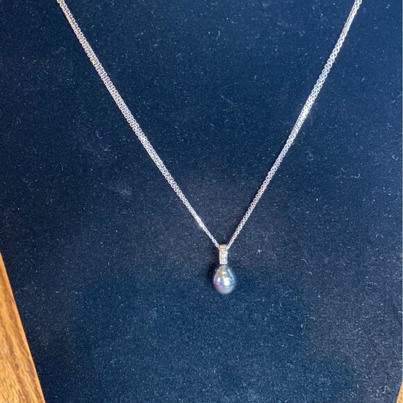 18-inch sterling silver 925 necklace 3 delicate chains black pearl pendant 3 dia - Picture 4 of 6